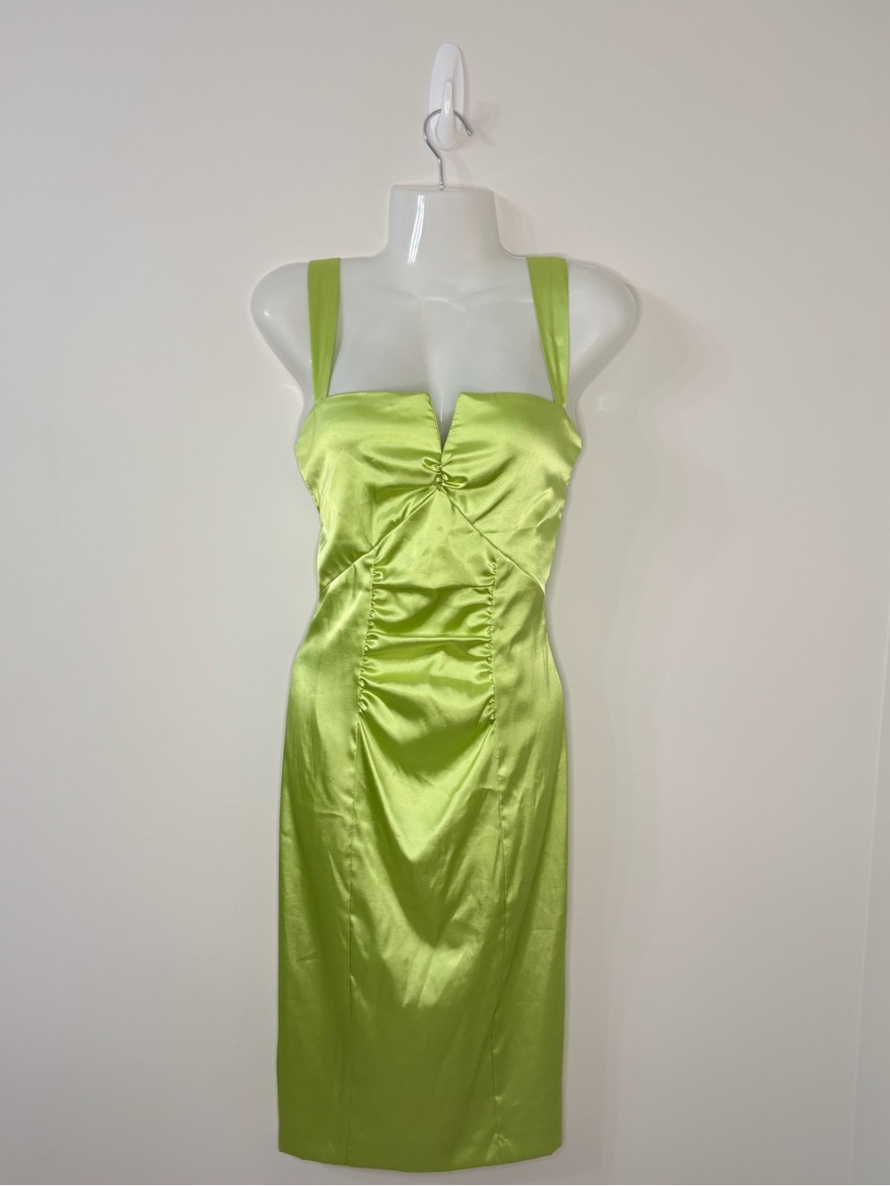 LE CHATEAU VTG Y2K Lime Green Satin Ruched Cocktail Prom Dress Baddie Mcbling XS